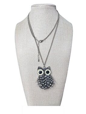 Owl Pendant Necklace - Black & White Feather Charm